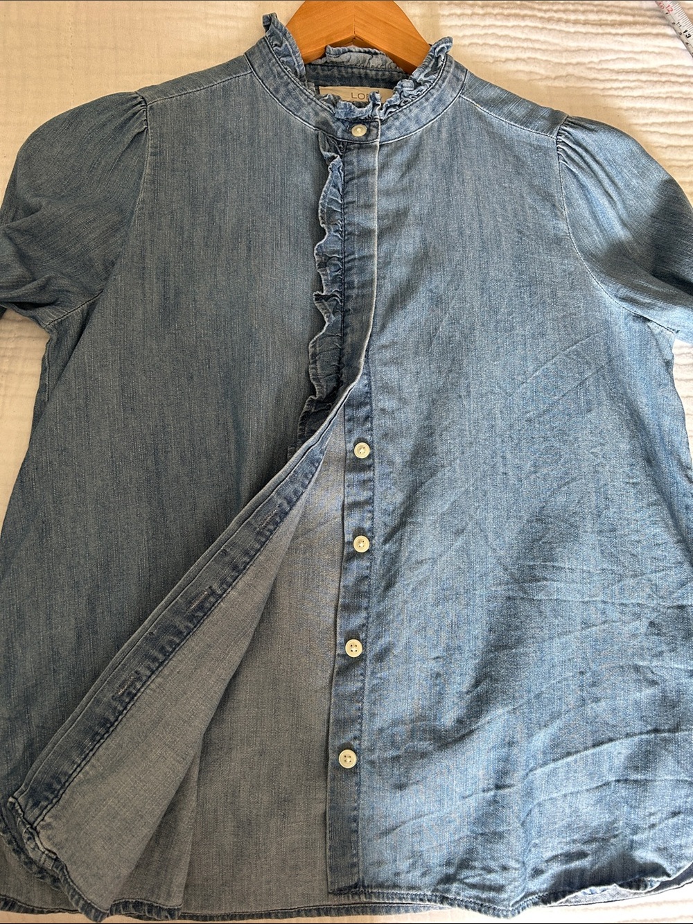 LOFT Light Denim Ruffle-Front Blouse - Picture 3 of 5